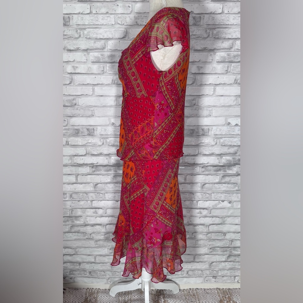 Ombre Pink Orange Sheer Patchwork Pattern Midi Sk… - image 3